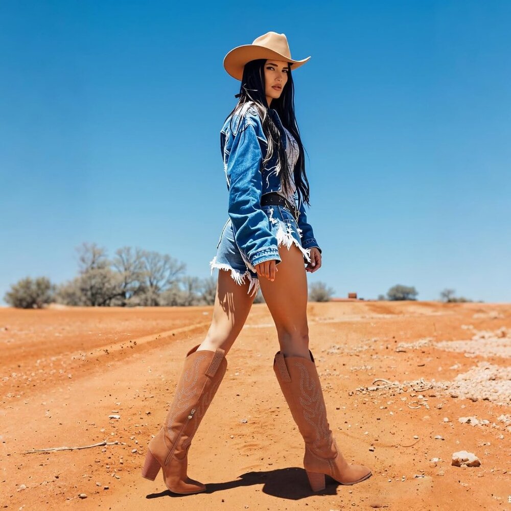 Celbreez Brown Suede Knee High Western Fusion Boots Women Embroidered Rhinestone - Picture 4 of 8